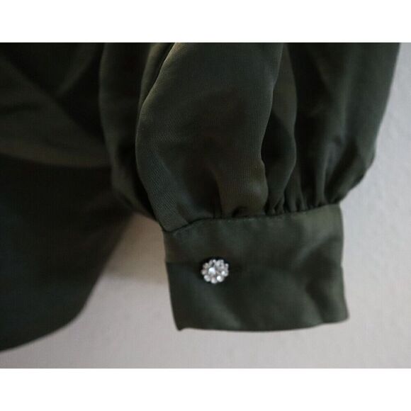 ZARA Women's Sz Small Hunter Green Jewel Button Ruffled Satin Effect L/S Blouse - Picture 8 of 8